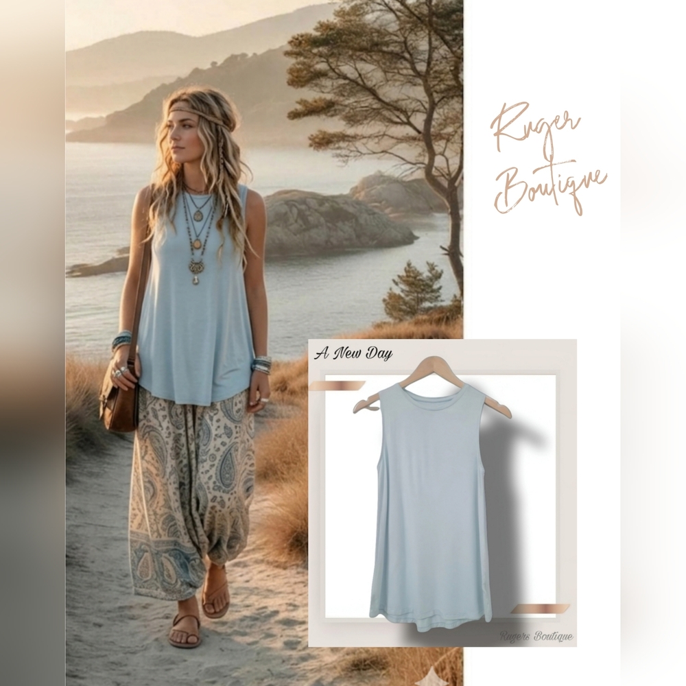 🌿A New Day Women's XS Sea Green Soft Sleeveless Scoop Hem Blouse